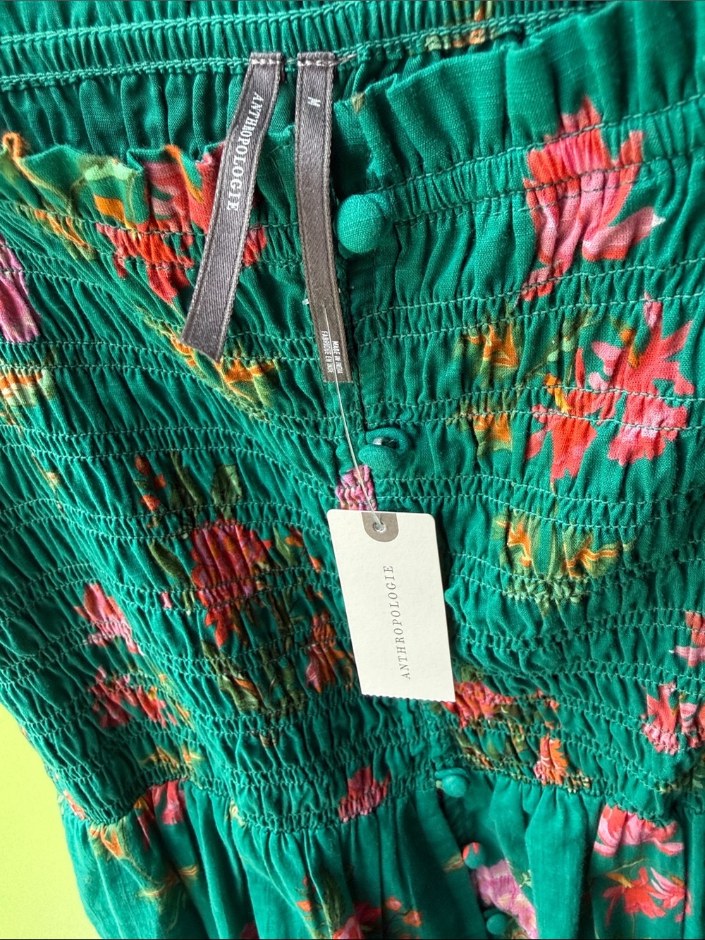 Anthropologie Peregrine Square Neck Midi Dress Pockets Smocked Flounce Teal Pink - Picture 8 of 16